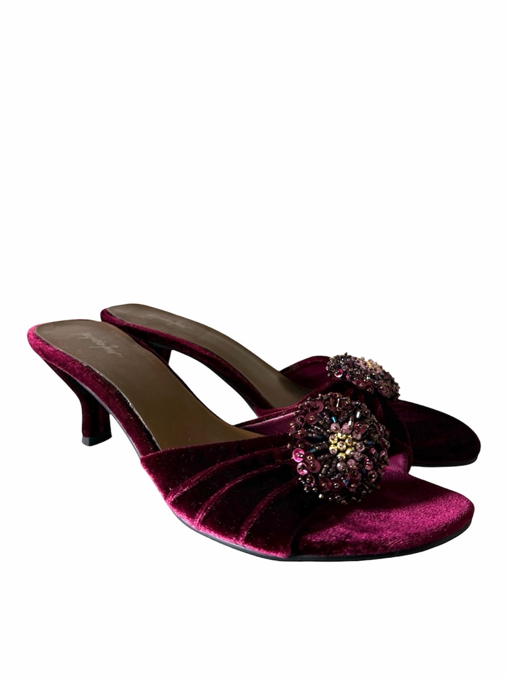 Y2K Jacqueline Ferrar Burgundy Velvet Beaded Kitten Heel Mules Size 8
